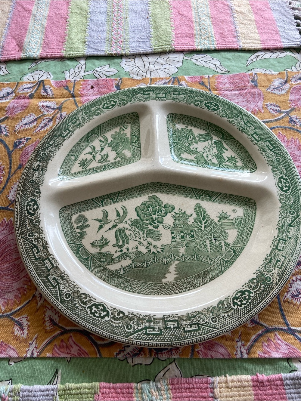 Vintage Green Willow Transferware Divided Grill Plate by Romarco